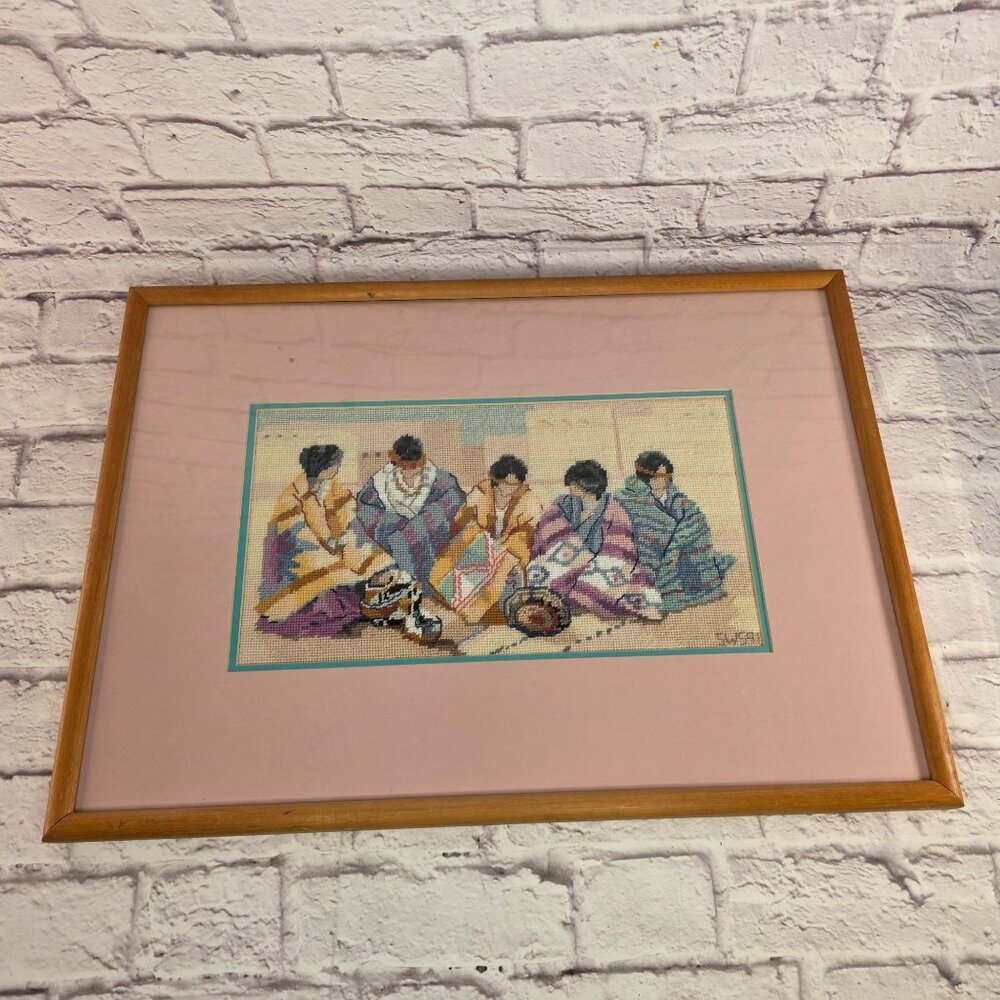 Vtg Native American Cross-Stitch Art Pueblo Morning Southwestern Women Scene